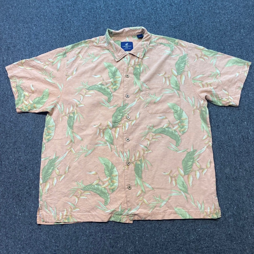 Caribbean Joe Silk Shirt Sz XL Mens Orange Tropical Leaf Print Aloha Camp Pocket